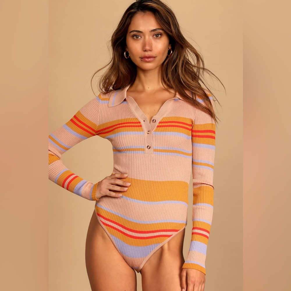 *NEW* Lulus Bountiful Heart Tan Multi Striped Long Sleeve Bodysuit
